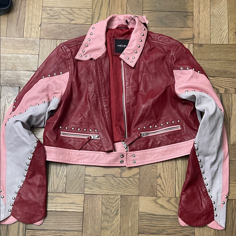Nasty Gal Red and Pink Leather Jacket with Studs